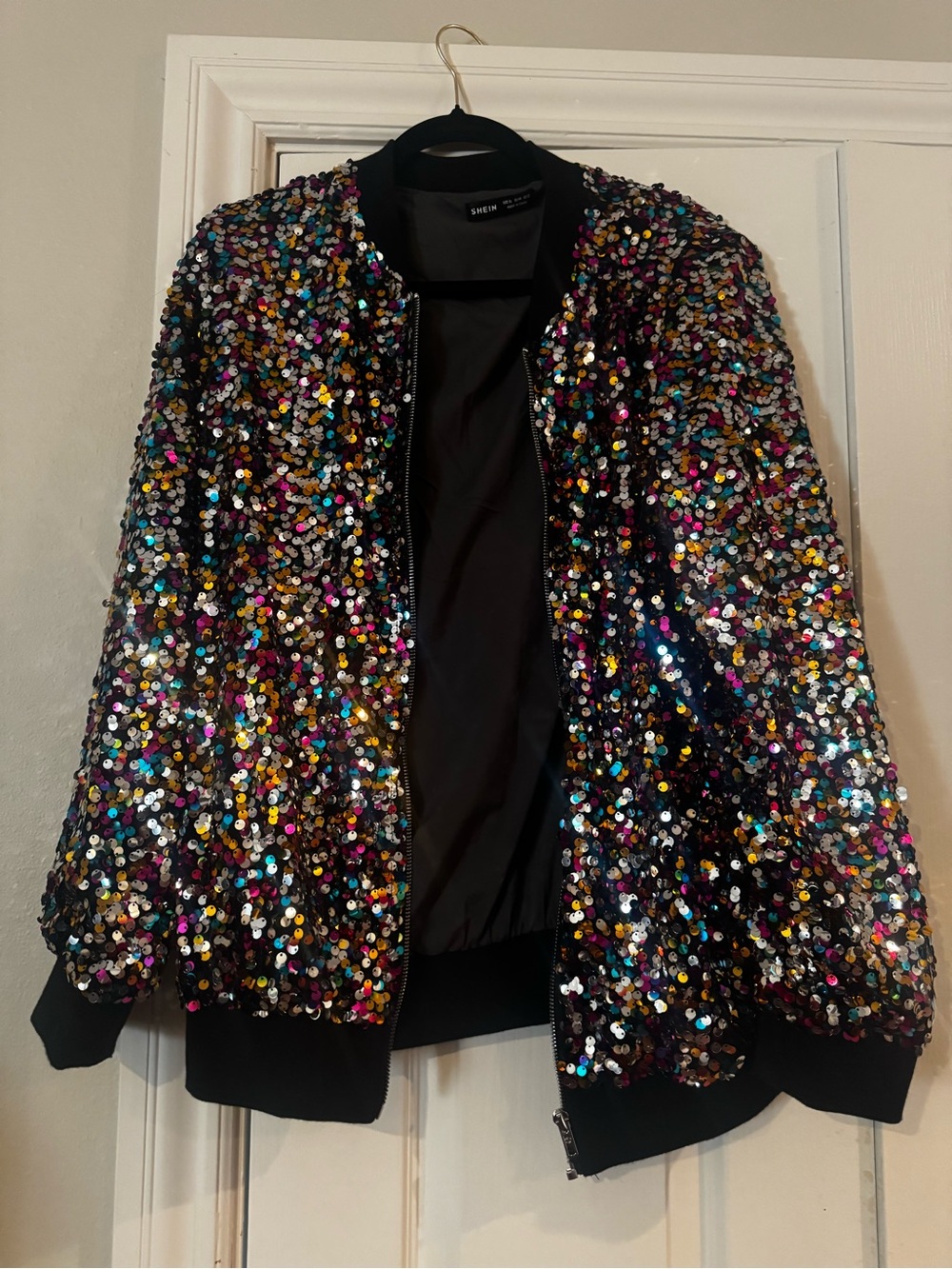 SHEIN Black Sequin Bomber Jacket with Multicolor Accents